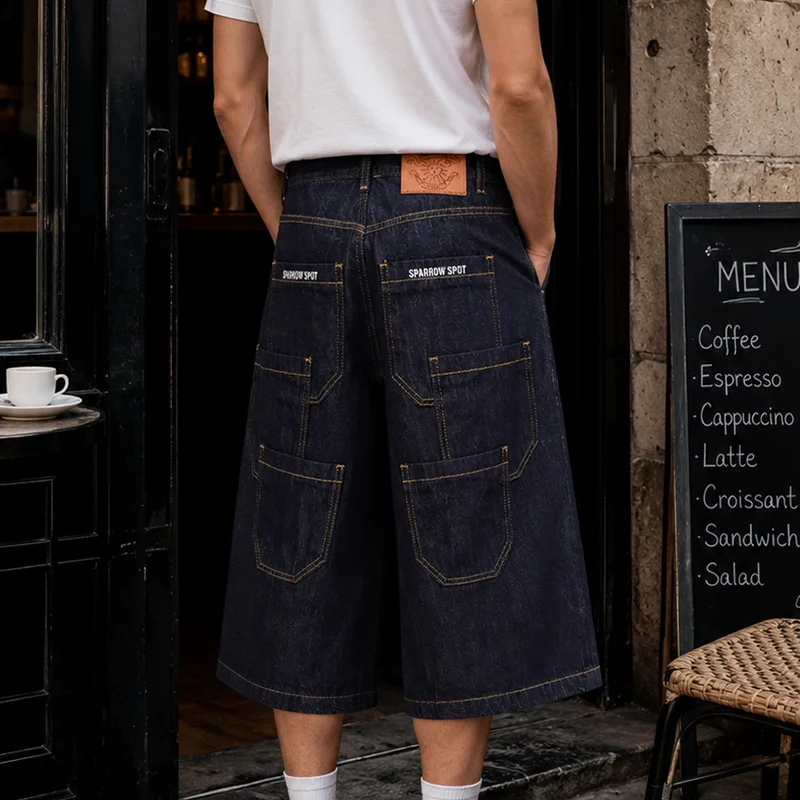 

2026 American Vintage Multiple Pockets Baggy Denim Shorts Men's Embroidery Letter Design Y2k Jorts Blue Wide Leg Straight Shorts