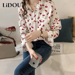 Spring Autumn Cherry Print Sweet Oversized Casual Shirt Ladies Single Breasted Long Sleeve Blouse Top Women Elegant Wild Blusa