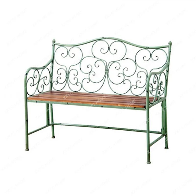 Retro Iron Art Wooden Lounge Chair Outdoor Bench Balcony Courtyard Park Chair Double Backrest B & B Gardening Distressed