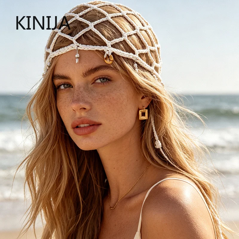 Ins Style Handmade Shell Beaded Tassel Pullover Hats for Women Summer Travel Light Breathable Versatile Atmosphere Y2K Beanies