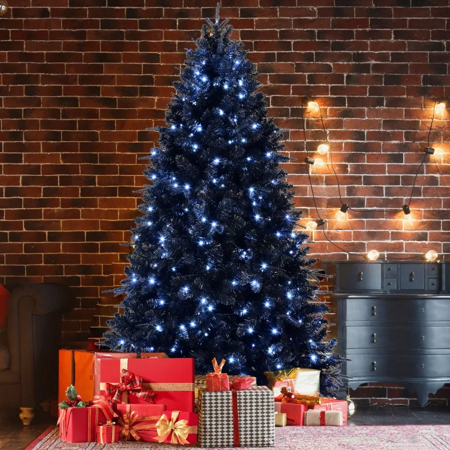 

6ft Black Christmas Tree with 350 White LED Lights 1460 Tips PE+PVC Artificial Tree for Halloween Holiday Decor Hinged Structur