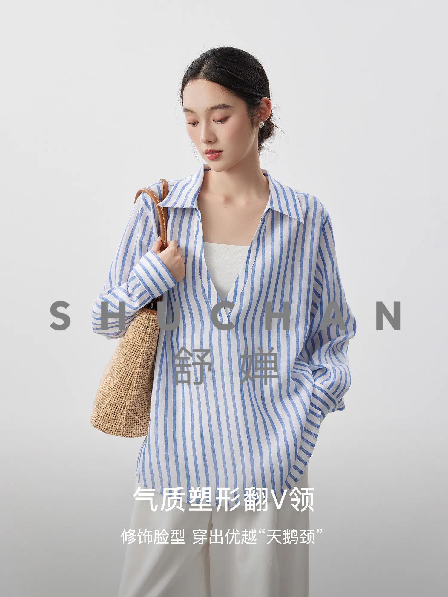 

Блузка [Walking Hair Dryer] Trend Sea Soul Wind, 100% лен, с отложным воротником, глубоким V-образным вырезом, свободного кроя, 26, Весна-Лето