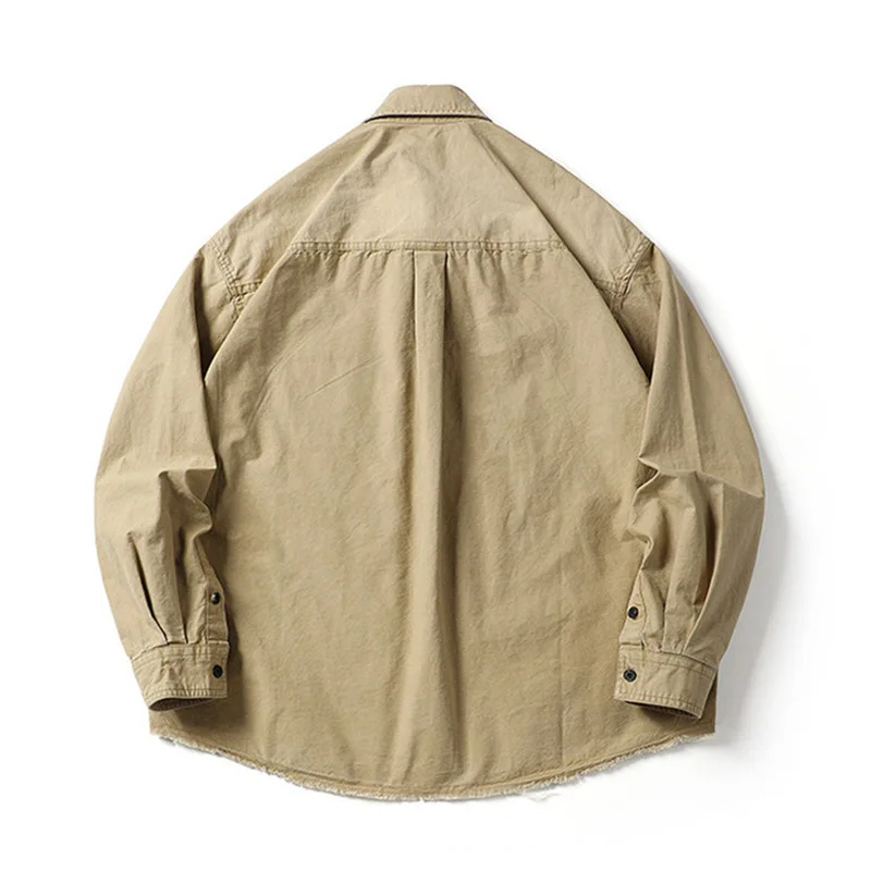 Kemeja Kasual Pria Musim Semi dan Gugur, Model Trendi Jalanan dengan Kerah Tua, Warna Solid Retro, Lengan Panjang Longgar