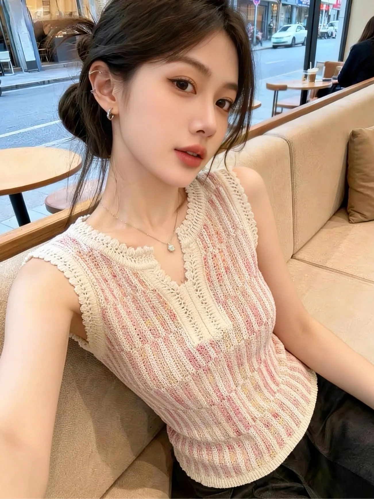 

Sweet Style Knitted Vest Women's Summer New Thin Outerwear Top Self-Keeping Model Pink Hollow out Design Slimming Effect