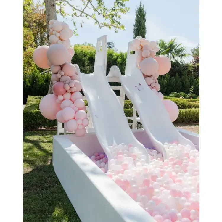 

Custom White Round Shape 10x10 Ft Kid Toddler Party Rental Outdoor Soft Play Set Equipment Double Slide Ballpit Plastic Ball Pit