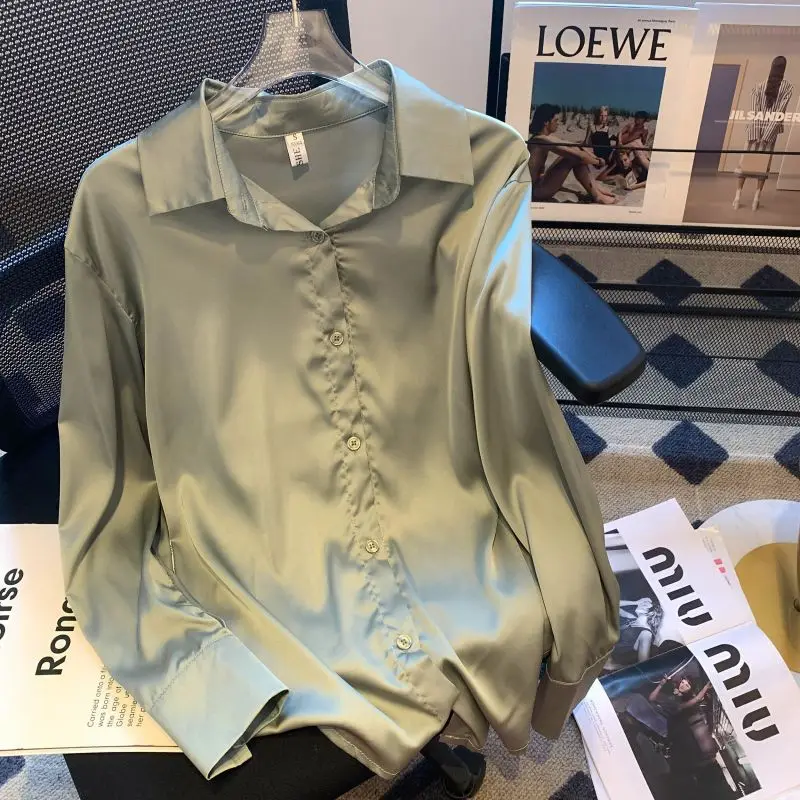 2024 New Summer Simplicity Elegant Fashion High Waist Women's Shirt Solid Color Loose Folds Button Lapels Long Sleeve Y2K Tops