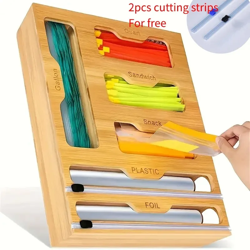 5IN1 المطبخ تخزين الرف البلاستيك التفاف موزع مع القاطع الخيزران زيبلوك مقسم حقيبة ورقائق معدنية ومنظم التفاف البلاستيك