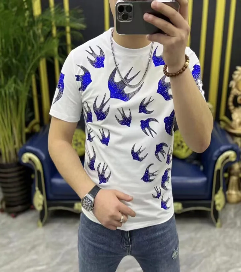 S-6XL 2025 New Spring Summer T-shirt Men's Tops  Fashion Hot Diamond Swallow Slim Fit Half Sleeve Handsome Underlay Shirt