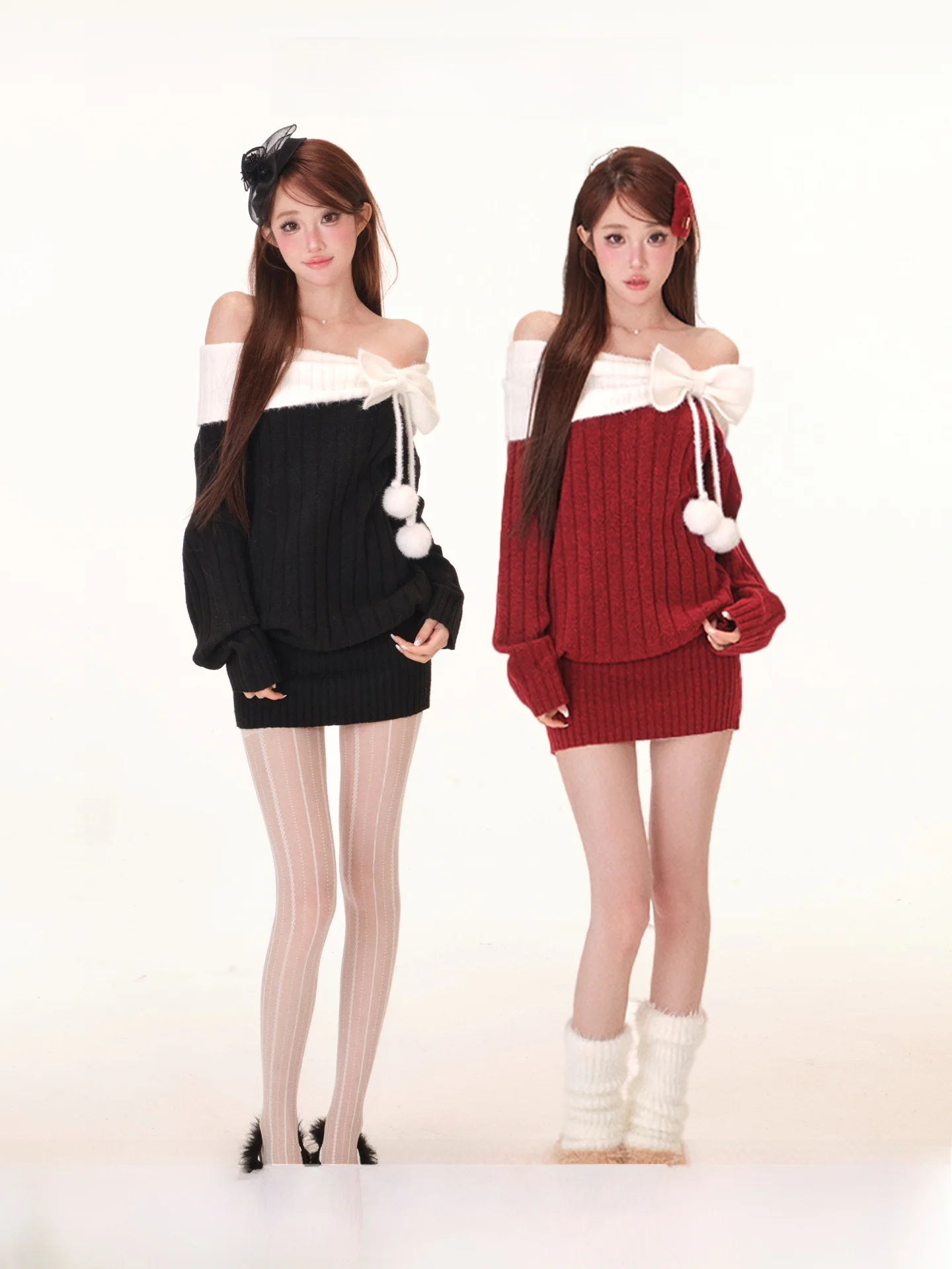 

Cisas Series Snowball Furry Aosphere Dr oulder Bows Ball Long Sve One-oulder Autumn Winter Faion Women's Dr