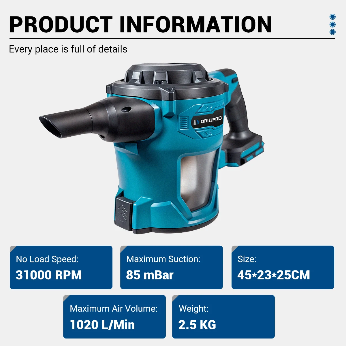 Soplador de aire eléctrico Drillpro, 31000 RPM, inalámbrico, eficiente, hoja, nieve, polvo, herramienta de alta potencia para batería Makita de 18V