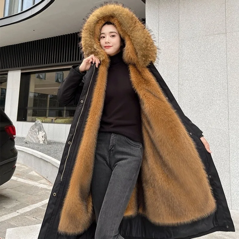 

Women Long Parkas Fur Lined Faux Fur Coat Warm Jacket Hooded Thick Big Size Fox Fur Lining Women Clothing Red Black Fur Coat