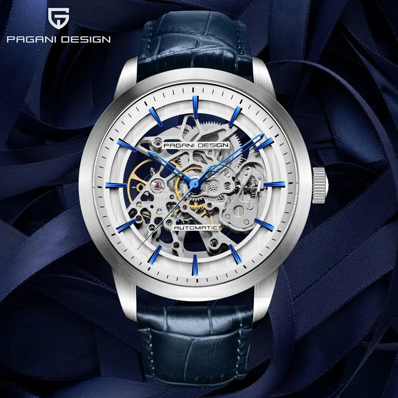 PAGANI DESIGN PD1638 Men's Skeleton Hollow Dial Quartz Watch 30M Waterproof Leather Strap Business Wristwatch