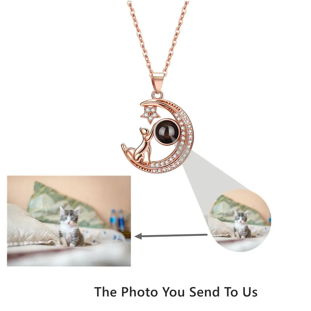 Personalized Customized Photo Projection Photo Necklace for Women Round Heart Shaped Moon Dolphin Cat Pendant Necklace Love Gift