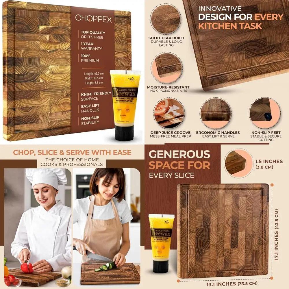 

Teak Wood End Grain Cutting Board 13.1x17.1x1.5 inches - Premium Deep Juice Groove Butcher Block with Non-Slip Feet and Side Han