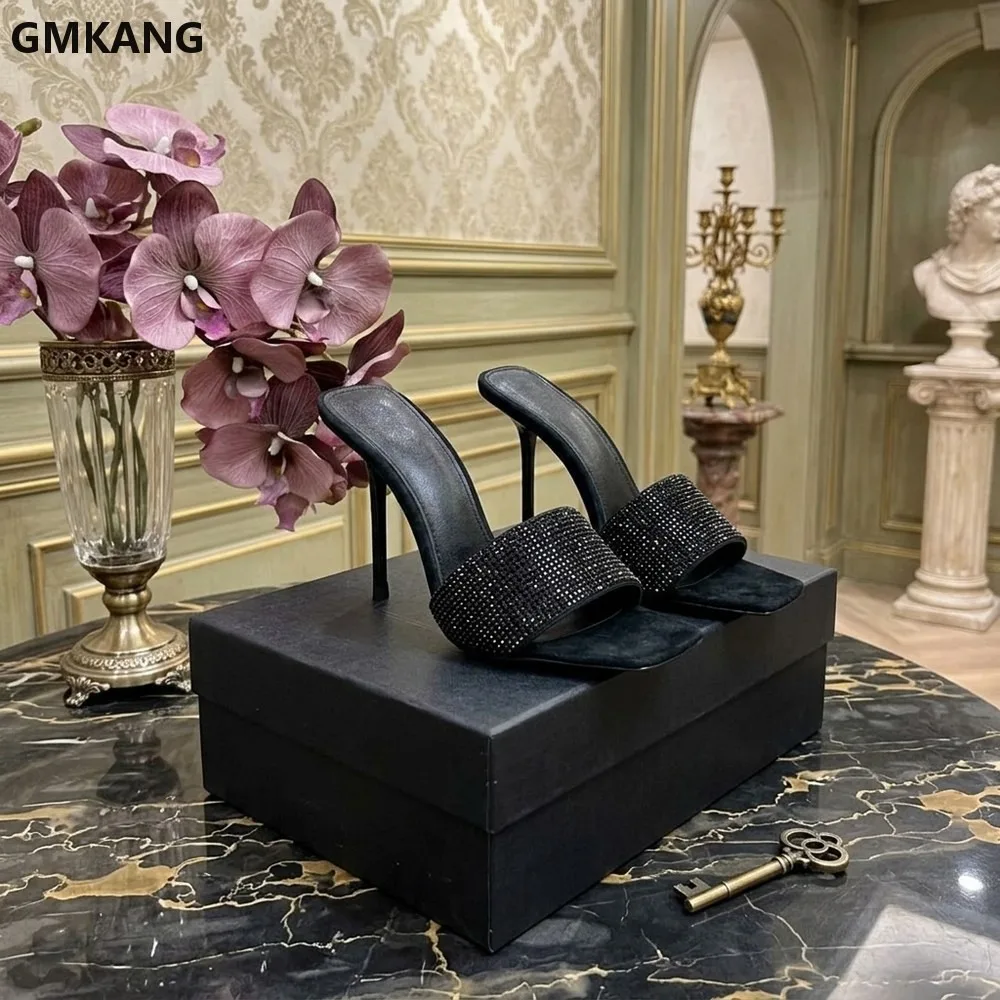 Women's Square Toe Chunky High Heel Slippers, Rhinestone Crystal One Strap Sandals, Open Toe Dress Shoes for Party Evening