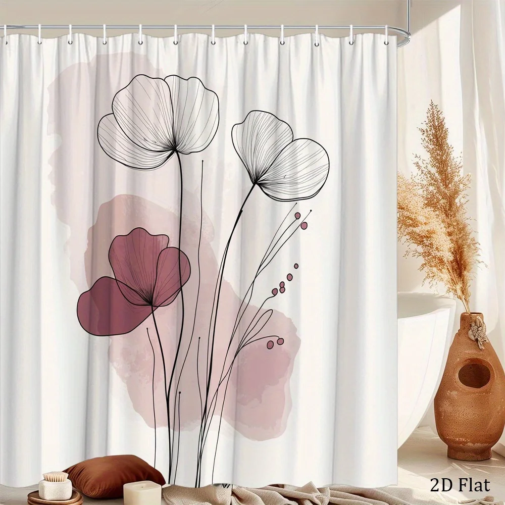 1pc a Minimalist Shower Curtain Featuring Delicate Black Outlines, Red And White Flowers, And a Soft Pink Beige Wash, Showcasing