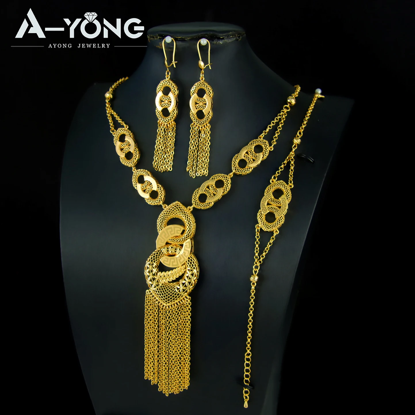 Äthiopisches Brautschmuck-Set 24k Vergoldet Algerische Quasten-Halskette Armband Ohrringe Arabischer Vintage Abaya-Schmuck – Detail 8