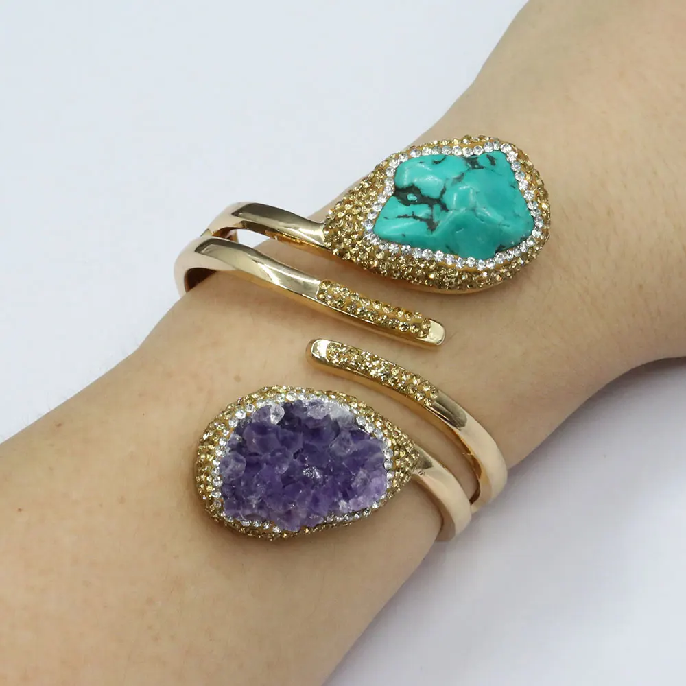 

Natural Blue Turquoise Nugget Purple Amethyst Druzy CZ Paved Cuff Bangle Bracelet Handmade For Lady