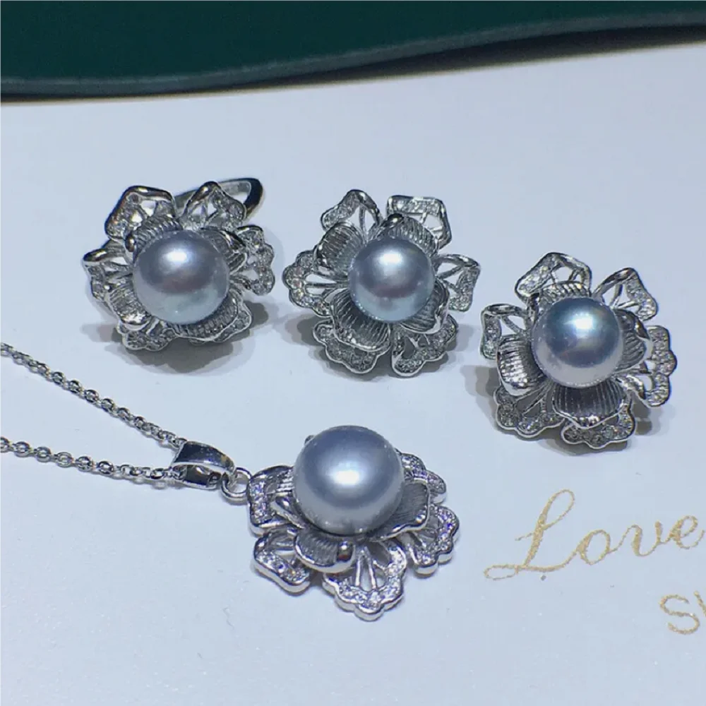 Gorgeous AAAAA 9-10mm South Sea Round Pearl Grey Rivet Pearl Pendant Earrings+Boasting Ring Set 925s18 inch