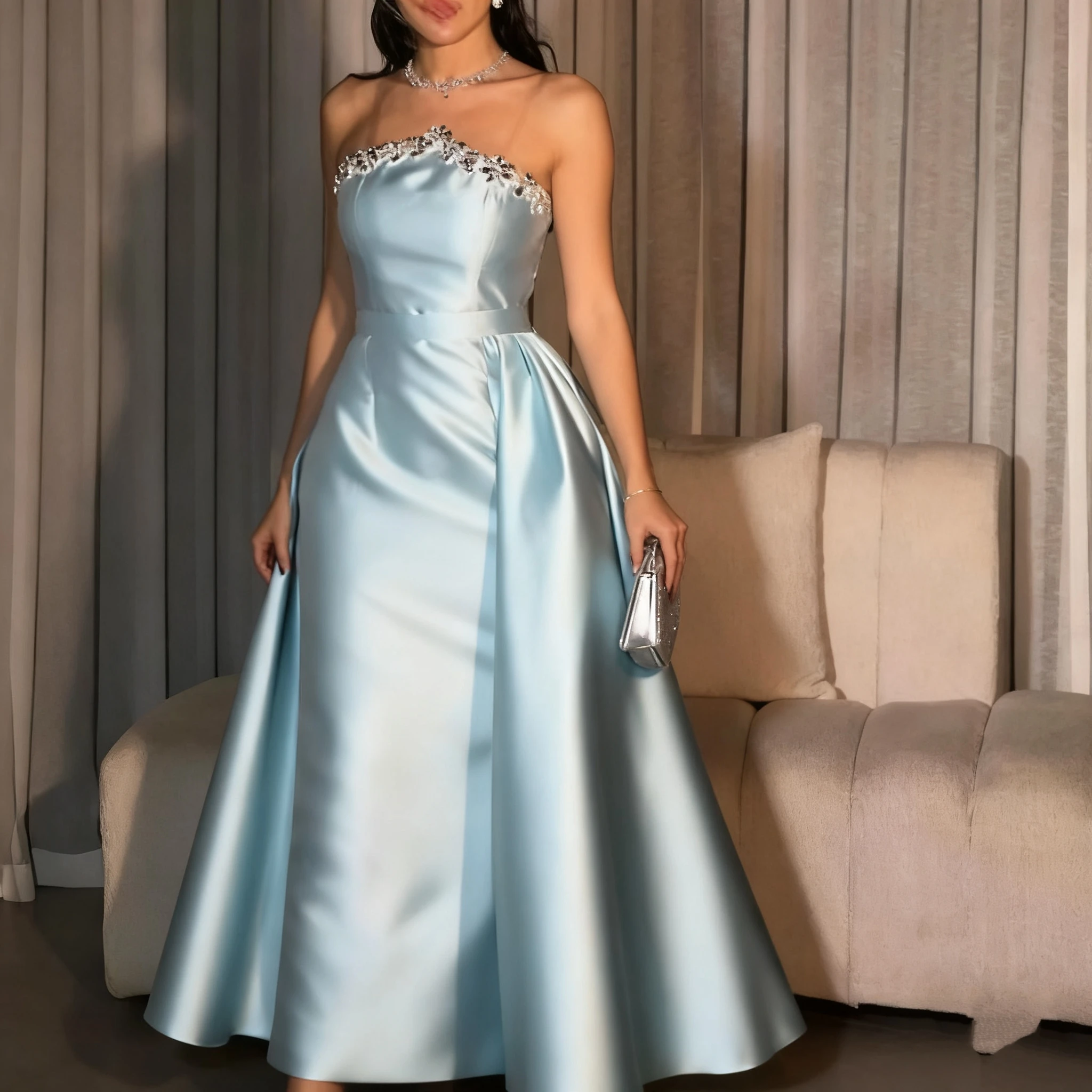 تدابير مخصصة كريستال الديكور فساتين السهرة الأزرق ثوب رسمي أنيق لامعة الراين عارية الذراعين فساتين لحضور الحفلات الموسيقية الساتان سبليت Pl #1