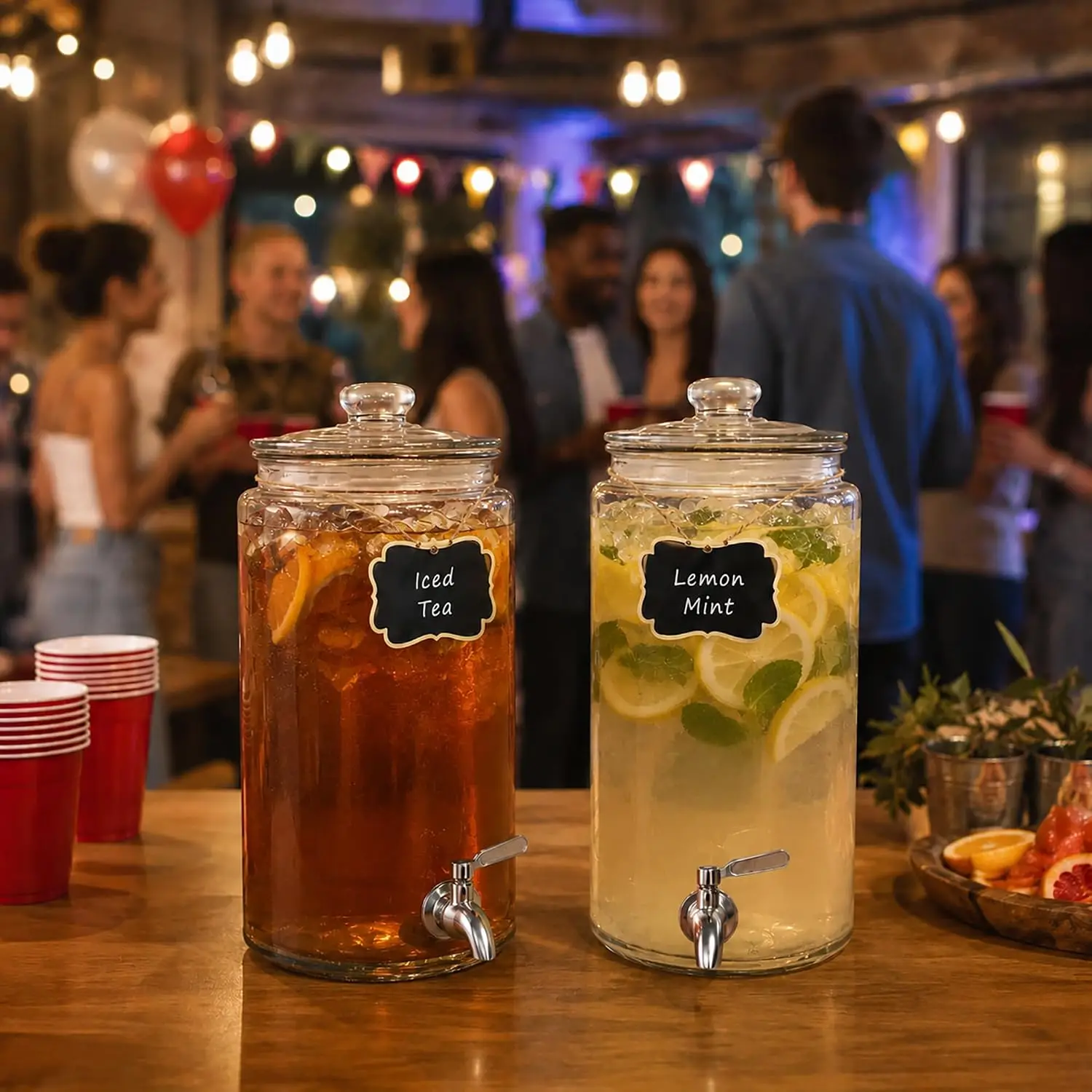 2 Gallon Beverage Dispenser 2 Pack with Stand, Clear Glass Drink Container for Parties, Stainless Steel Spigot, Easy to Refill and Clean
