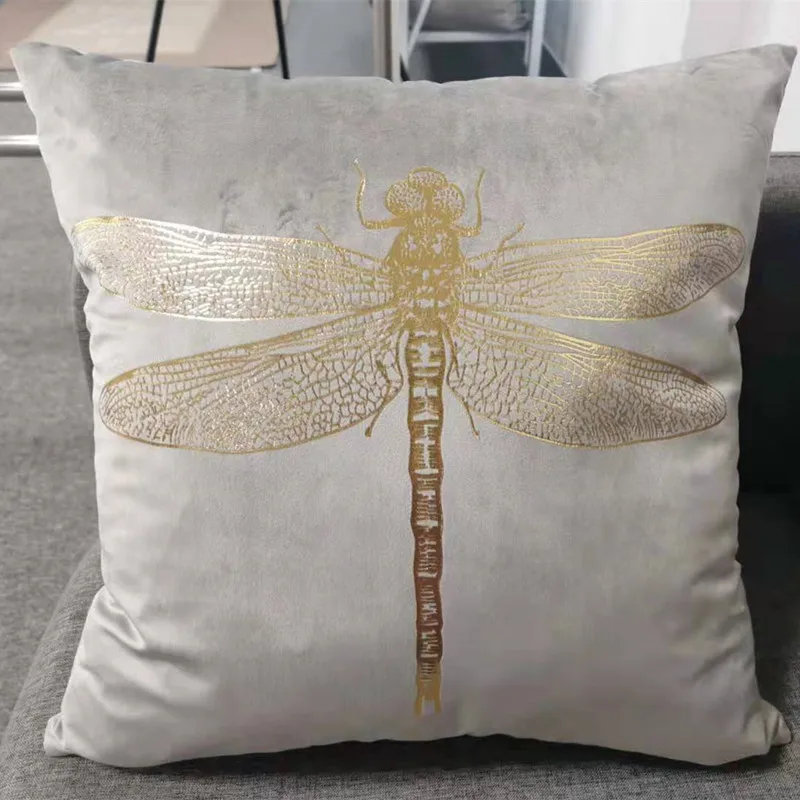 Hot Selling Insect Foil Printing Square Velvet Dragonfly Cushion Cover Gold Stamping Throw Pillowcase Shiny
