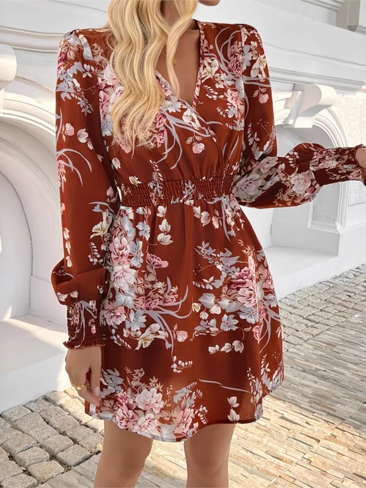 

Fashion Floral Print Dress Lady Casual Long Sleeve V Neck High Waist Loose Dresses Women Boho Holiday Beach Skirts Vestidos New