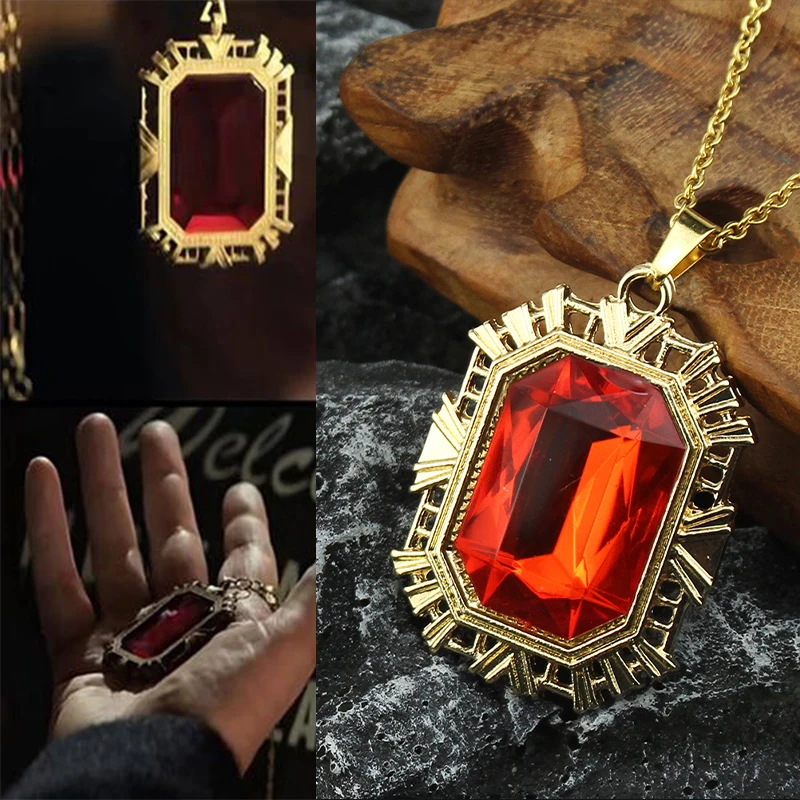 Shinny Ruby Necklace Red Stone Glossy Gold Color Pendant Adornment Vintage Jewelry Zinc Alloy Accessories for Fans Gift