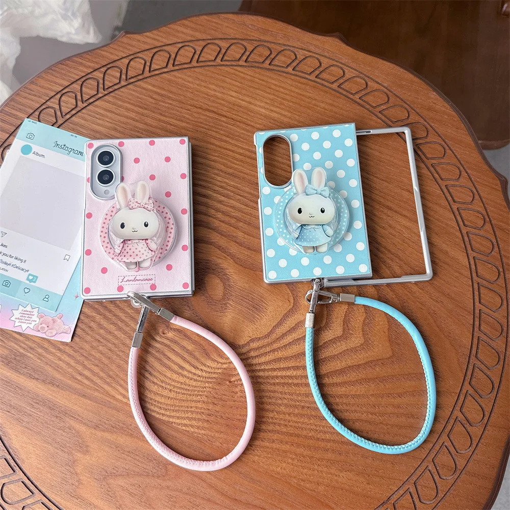 Cute Polka Dot 3D Rabbit Phone Case For Samsung Galaxy Z Fold 8 Ultra 7 6 5 4 Rotatable Ring Stand With Shockproof Protective