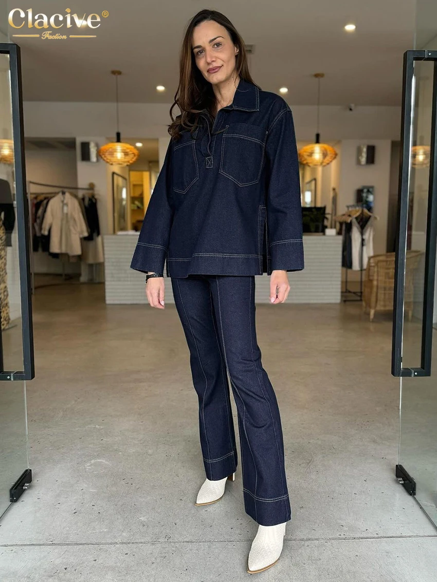 Clacive Mode Losse Blauwe Denim 2-delige Sets Vrouwen Outfit 2024 Vintage Lange Mouw Met Hoge Broek Set Vrouwelijke streetwear