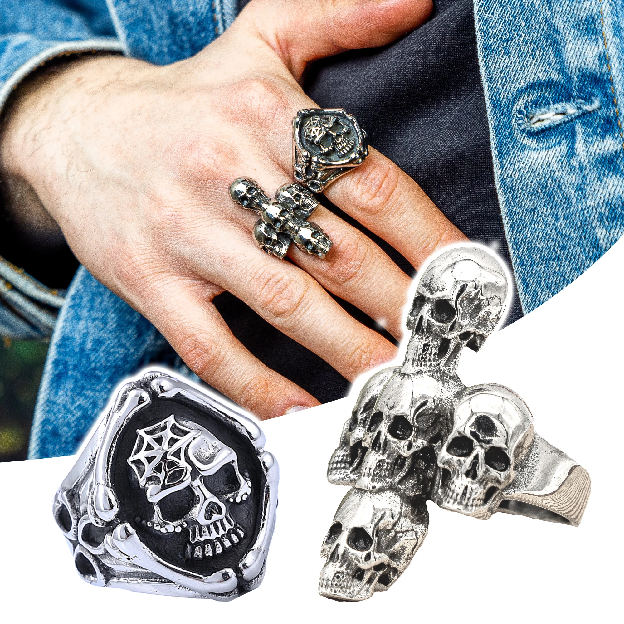 

Unisex Stainless Steel Skull Signet Ring Big Cross Skull Statement Ring Pirate Punk Jewellery Gifts for Men