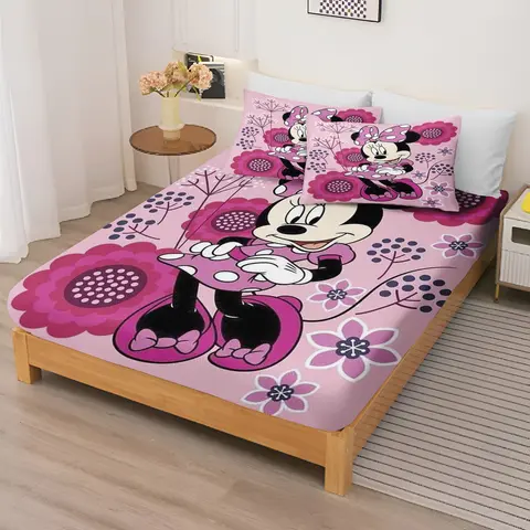 Cartoon Mickey Mouse Fitted Sheets for Children, Pink Bedding Set, King Size Covers, Printed 100% Polyester