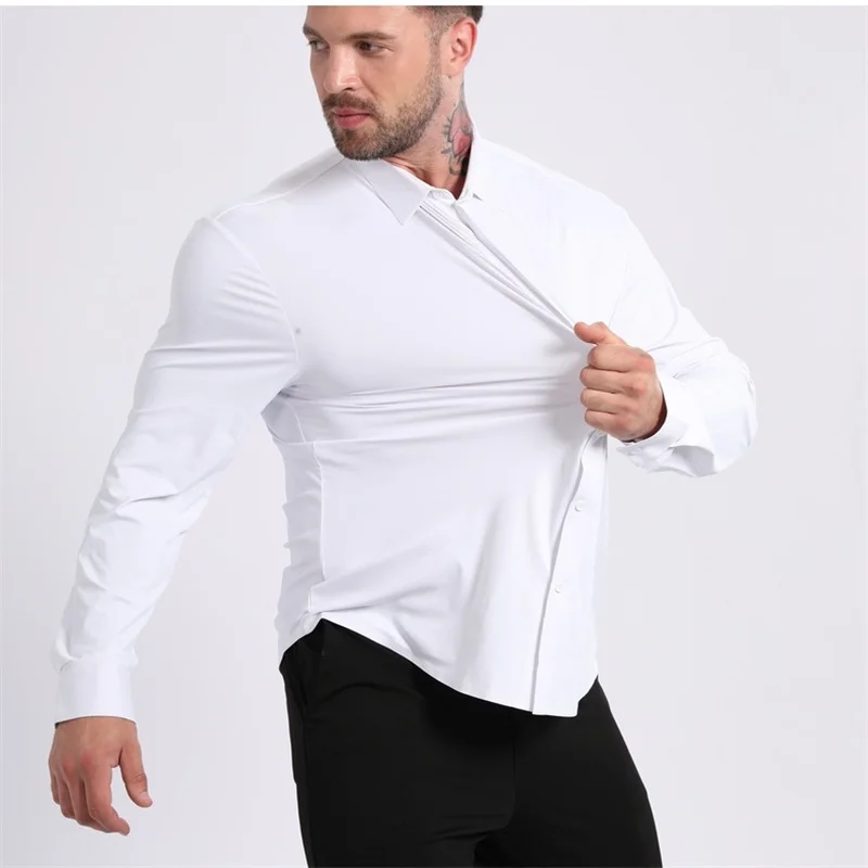 High Stretch Anti-Wrinkle Men's Shirts Long Sleeve Dress Shirt For Men Slim Fit Social Business Blouse White Shirt Men clothing