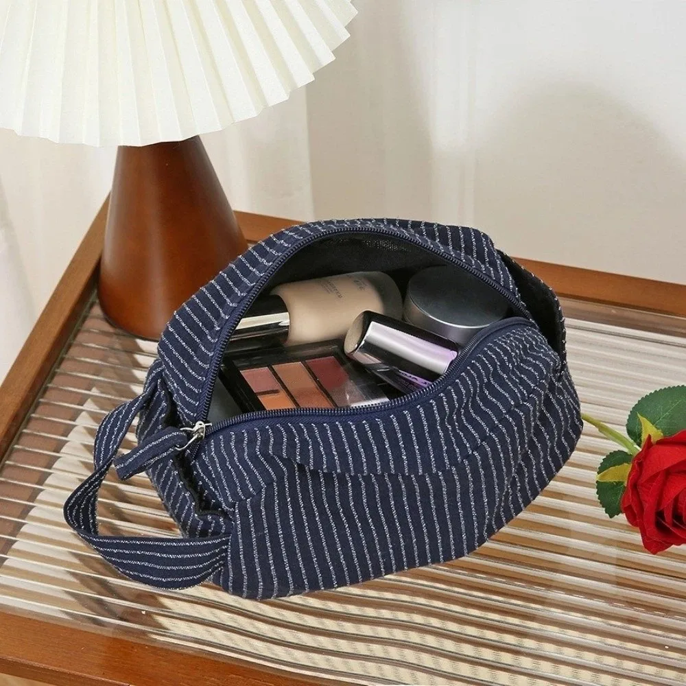 Handheld Large Capacity Striped Cosmetic Bag Portable Lightweight Toiletry Bag Canvas Zipper Makeup Bag Women