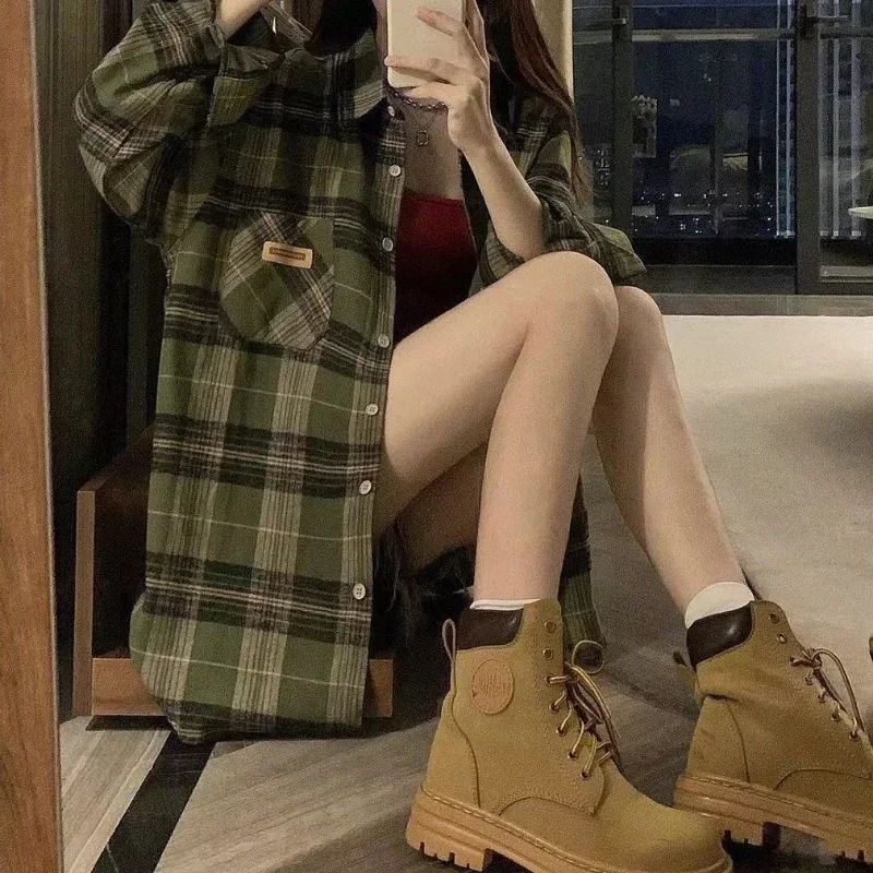 Deeptown Harajuku Green Plaid Shirt Streetwear Women Vintage Long Sleeve Oversize Blouse Korean Fashion Aesthetic Clothes Female