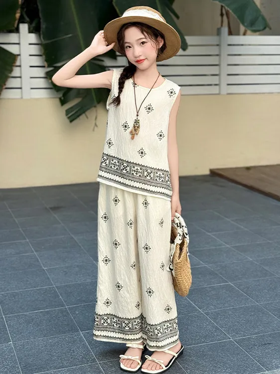 女の子の夏ファッショナブルなツーピースセットエスニックデザイン多用途スリム韓国スレ子供服ロングスベスタンドカラー