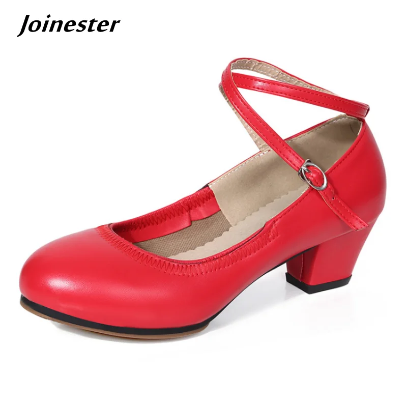 Elegant Women's Ankle Strap Mid-Heel Pumps Pure Color Summer Dress Shoes round Toe Fashion Dance Footwear for Ladies