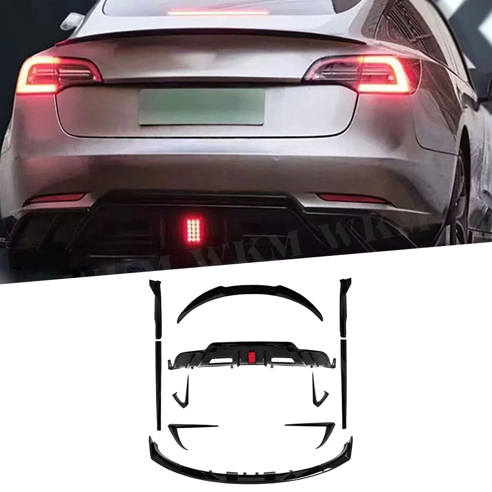 

For Tesla Model 3 2019+ Front Lip Rear Lip With LED Light Rear Bumper Spoiler Side Skirts Canard Splitters Fins Bodykit Trim Set
