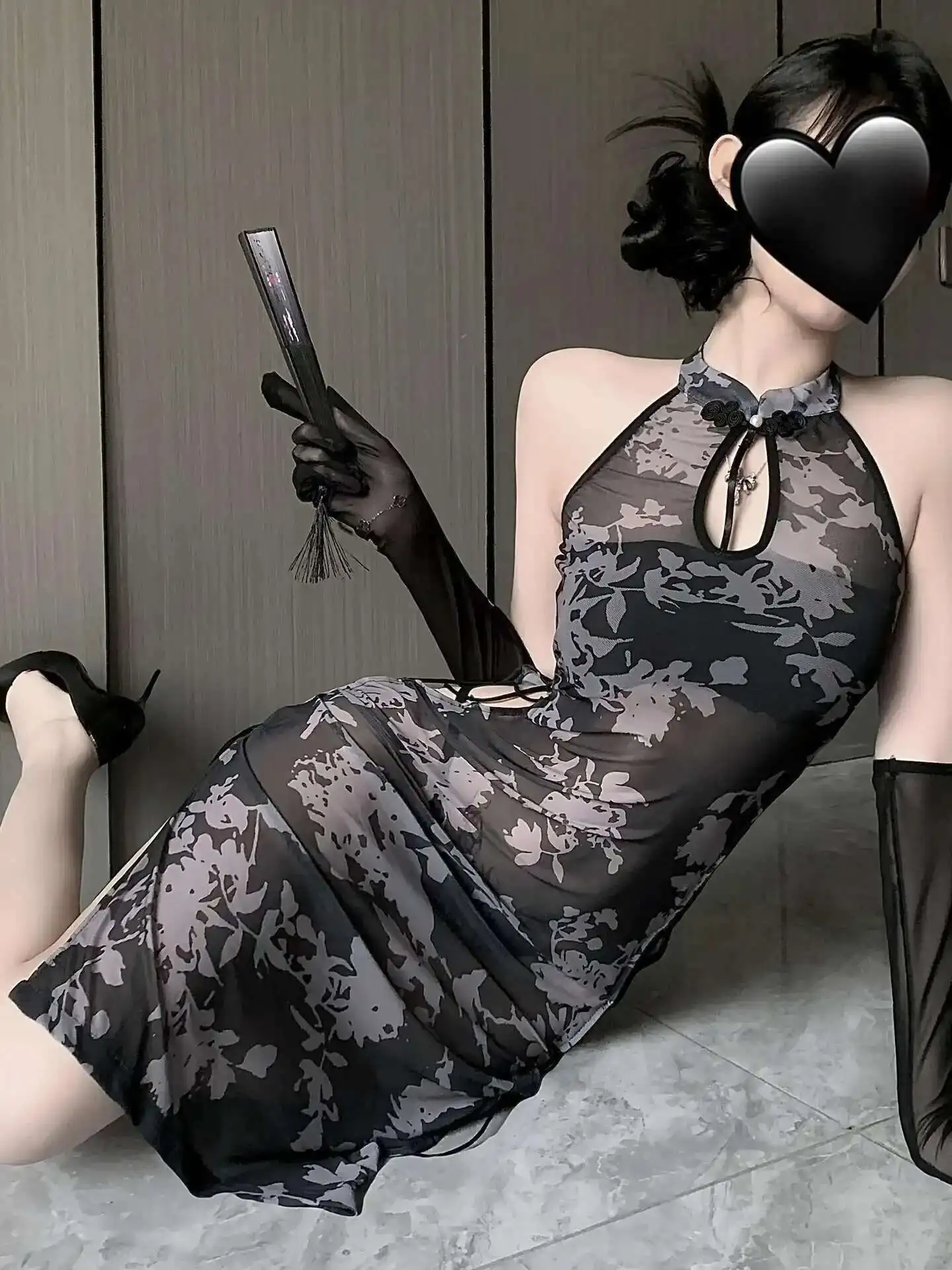 เซ็กซี่สไตล์จีนใหม่ปรับปรุง SHEER High Slit หมึกสไตล์เซ็กซี่ LACE-up Cheongsam สําหรับผู้หญิงชุดหวานเสื้อ 46XA