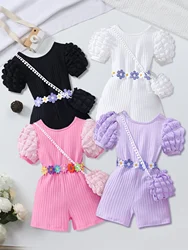 Female middle and young children's bubble sleeve pit strip back cross over jumpsuit with bag