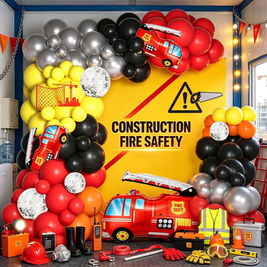 104-Piece Traditional Fire Balloon Arch Garland Set, Fire Truck Shaped Foil Balloons, Red, Yellow, Black, Metallic Silver, Confetti, Latex Balloons, DIY Balloon Kit, Fire-Themed Birthday, Firefighter Baby Shower Party Decoration Supplies