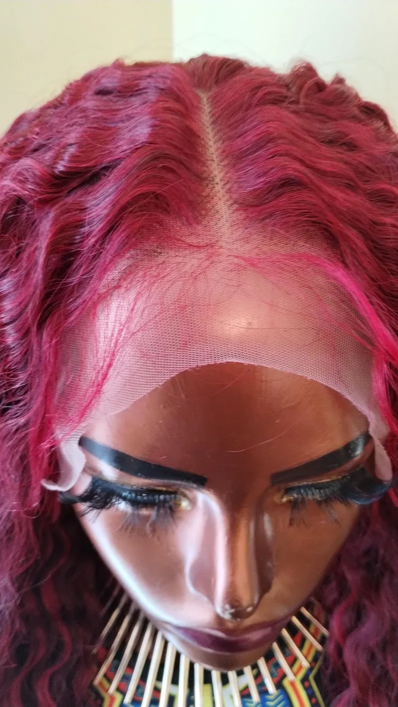Parrucca anteriore in pizzo rosso bordeaux 99J 13x4 HD parrucca frontale allentata onda profonda parrucca riccia onda d'acqua senza colla pre pizzicata cosplay sintetico