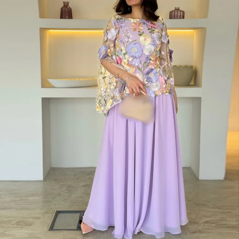 

Customized Scoop Neck Evening Dresses Half Sleeve Colorful Lace Chiffon A-Line Prom Gown Modern Floor-Length Draped Party Dress