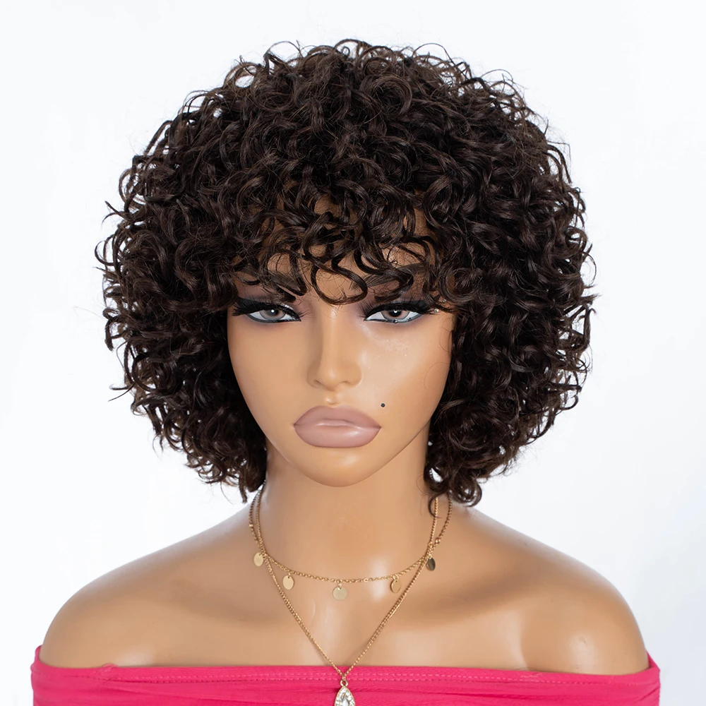 Brown color Short Pixie Curly Bob Cut Human Hair Wigs With Bangs Weat to go Jerry Curly Wig Highlight Colored Wigs For Women