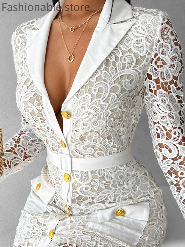 Women Long Sleeve Pocket Single Breasted Lace Blazer Dress