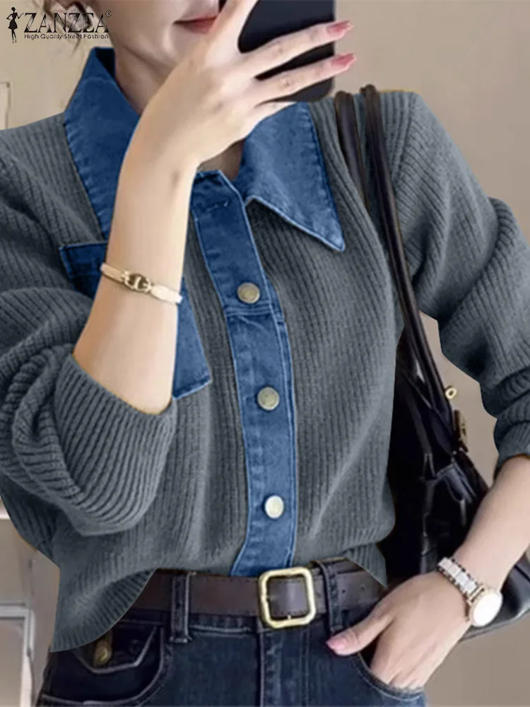 ZANZEA-Cardigan en Denim à Manches sulfpour Femme, Pull Décontracté avec Col à Revers, lèvent à la Mode, Collection Automne 2024