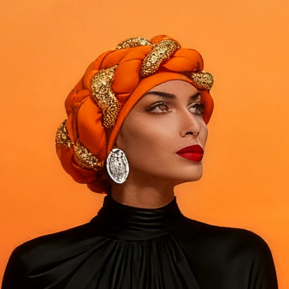 

Капот женский тюрбан твист платок косы головной убор мусульманский хиджаб с блестками повязка на голову африканский авто гель головной убор Нигерия свадебная шляпа