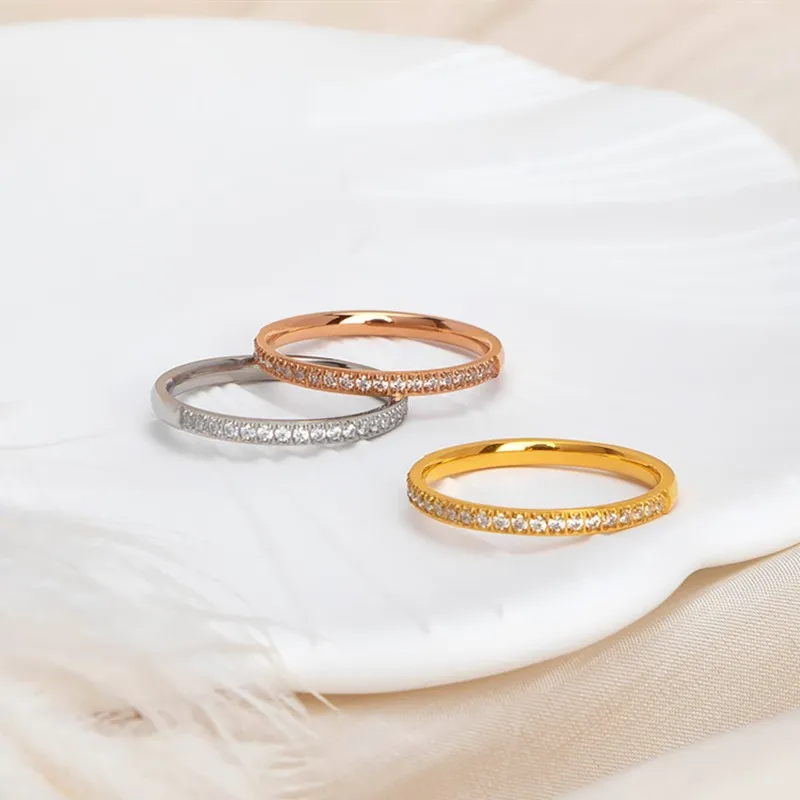 2mm Thin Stackable Ring Stainless Steel Half Eternity Band Pave CZ Wedding Ring for Women Girl Size 4-10