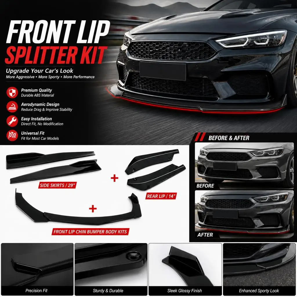 Universal 5 Piece Front Bumper Lip Splitter Kit For Car PP Black Front Spoiler Side Skirt Extension Racing Body Kit