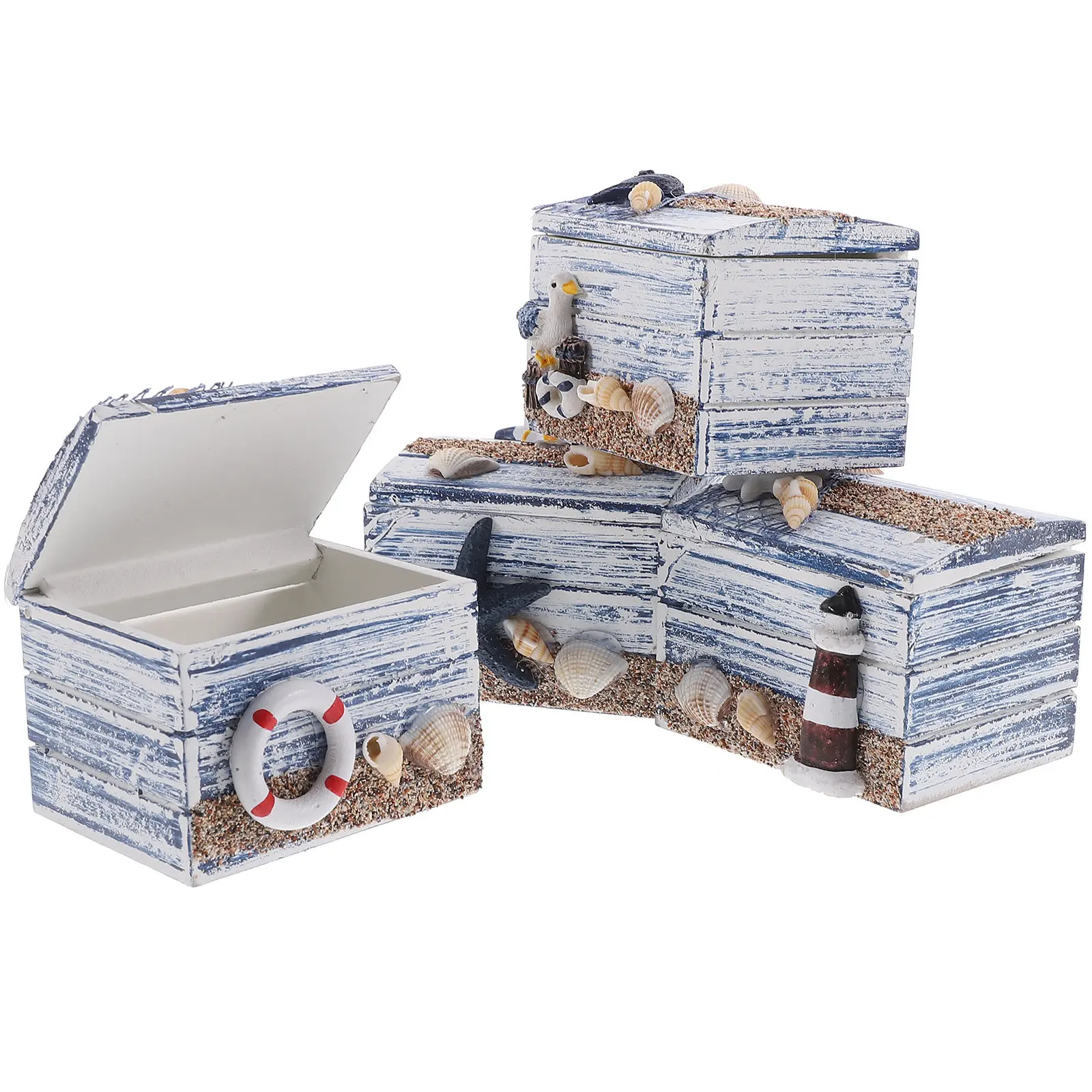 

4Pcs Wooden Jewelry Box Ocean Themed Delicate Craft Lightweight Compact Design Desk Decorative Storage Case for Rings Earrings